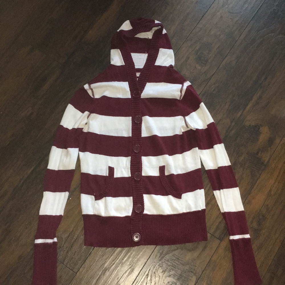 Maroon & White striped button hoodie